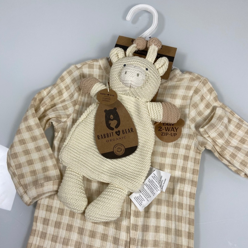 Rabbit + Bear Kids 6-9M Beige Gingham Organic Cotton Sleeper‎ & Lovey NEW